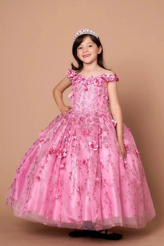 From the neckline down, the Dusty Pink mini quince dress showcases off-the-shoulder bodice with dimensional flower trim and removable cape over a glittering tulle skirt.