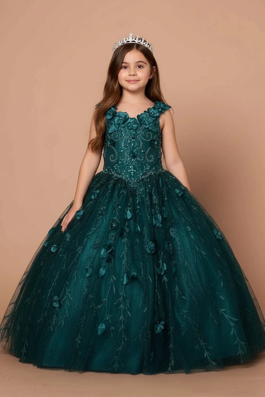 A graceful front view, the Emerald Green mini quince dress showcases off-the-shoulder bodice with dimensional flower trim and removable cape over a glittering tulle skirt.