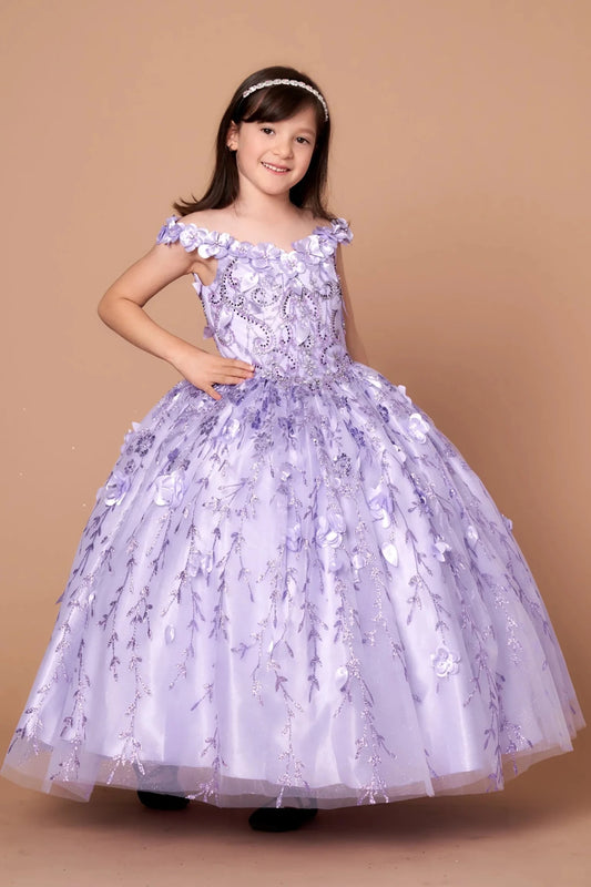 Rich texture defines, the Lilac mini quince dress showcases off-the-shoulder bodice with dimensional flower trim and removable cape over a glittering tulle skirt.