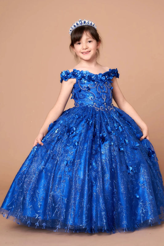 Sparkling details shape, the Royal Blue mini quince dress showcases off-the-shoulder bodice with dimensional flower trim and removable cape over a glittering tulle skirt.