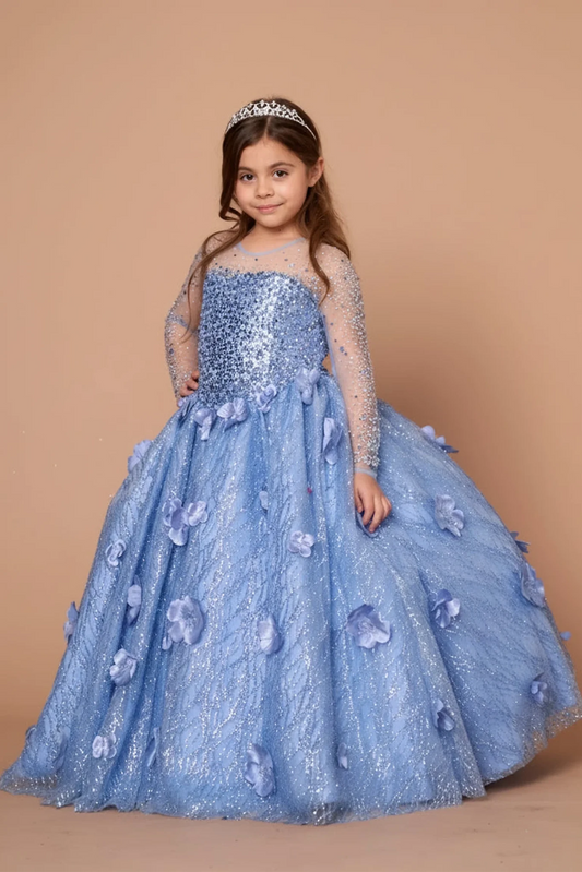 The dress profile reveals, the Dusty Blue mini quince dress showcases sheer long-sleeve bodice with three-dimensional flowers and embroidered tulle skirt with a lace-up back.