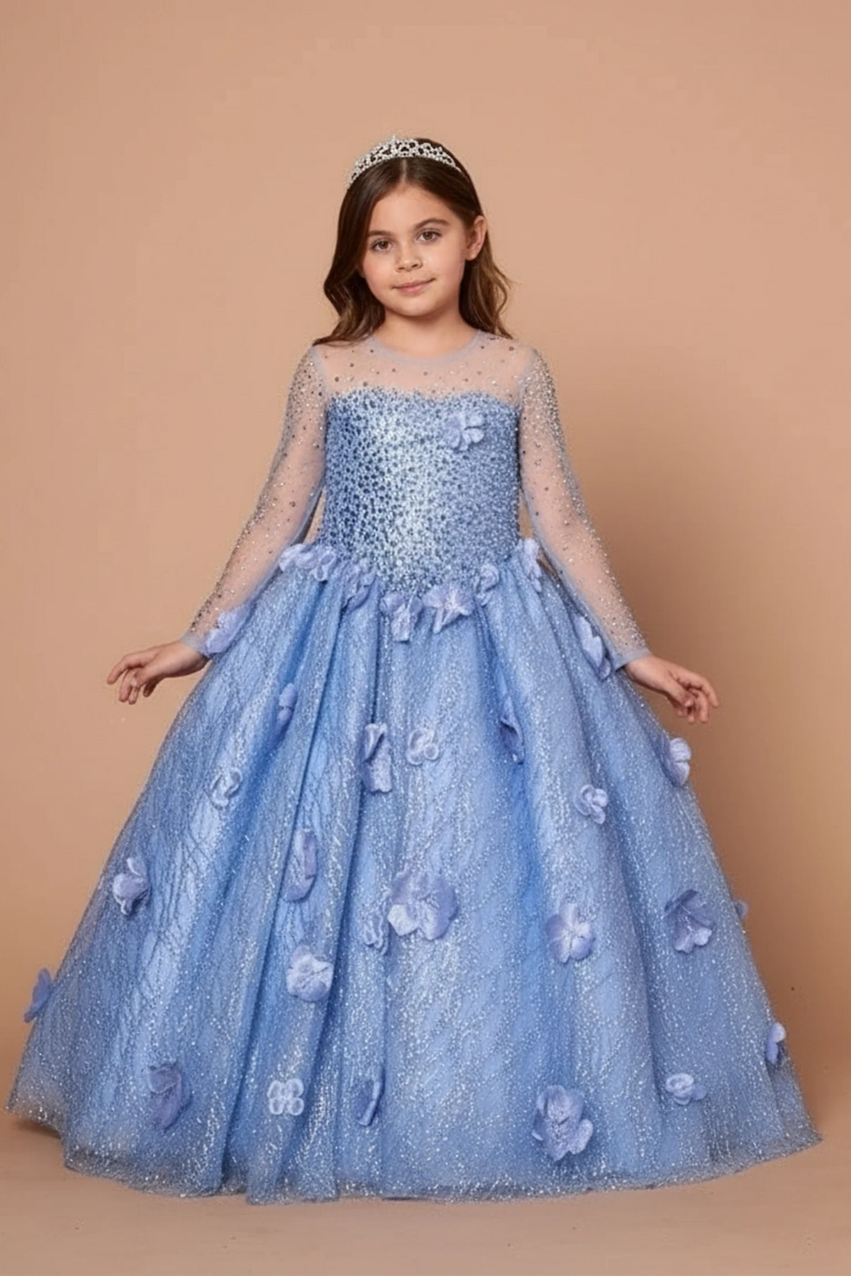 This second view emphasizes embroidered tulle skirt with a lace-up back on the Dusty Blue mini quince dress.