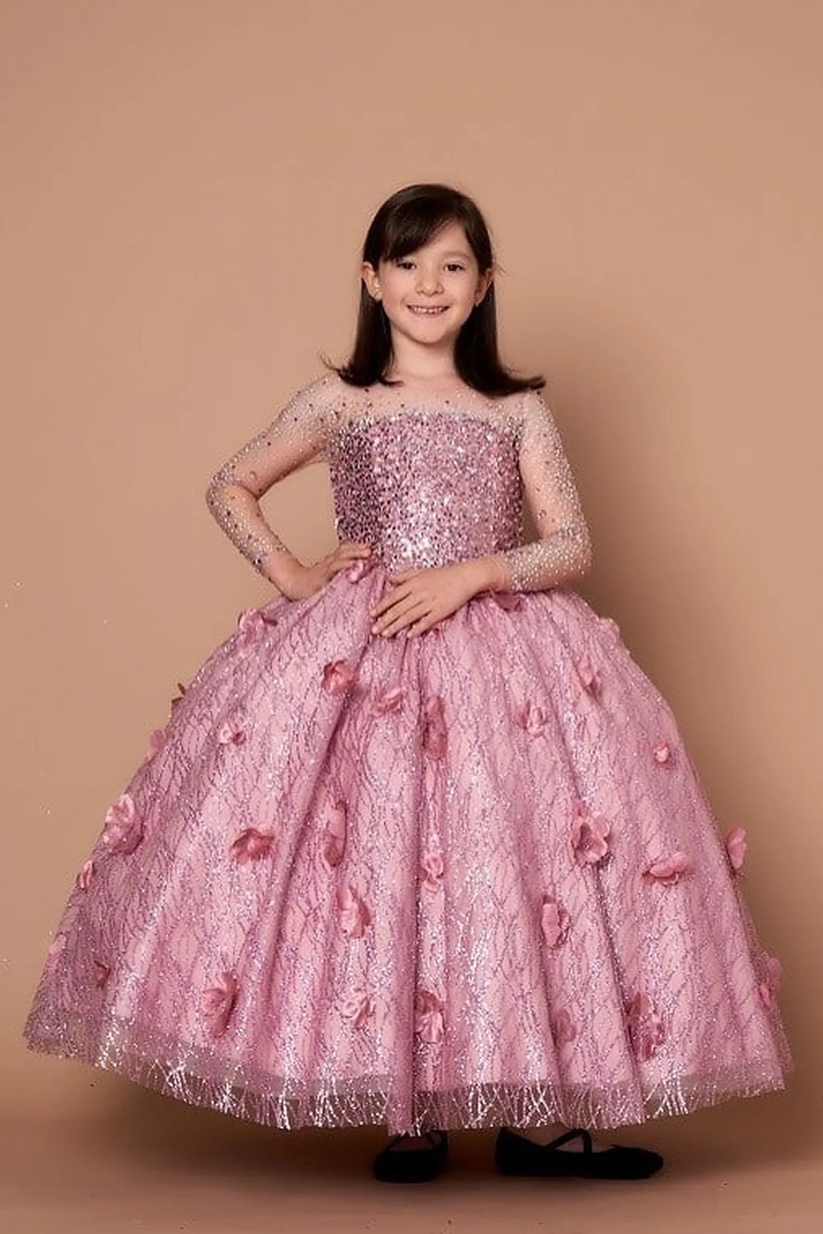 Another full view presents embroidered tulle skirt with a lace-up back on the Dusty Rose mini quince dress.