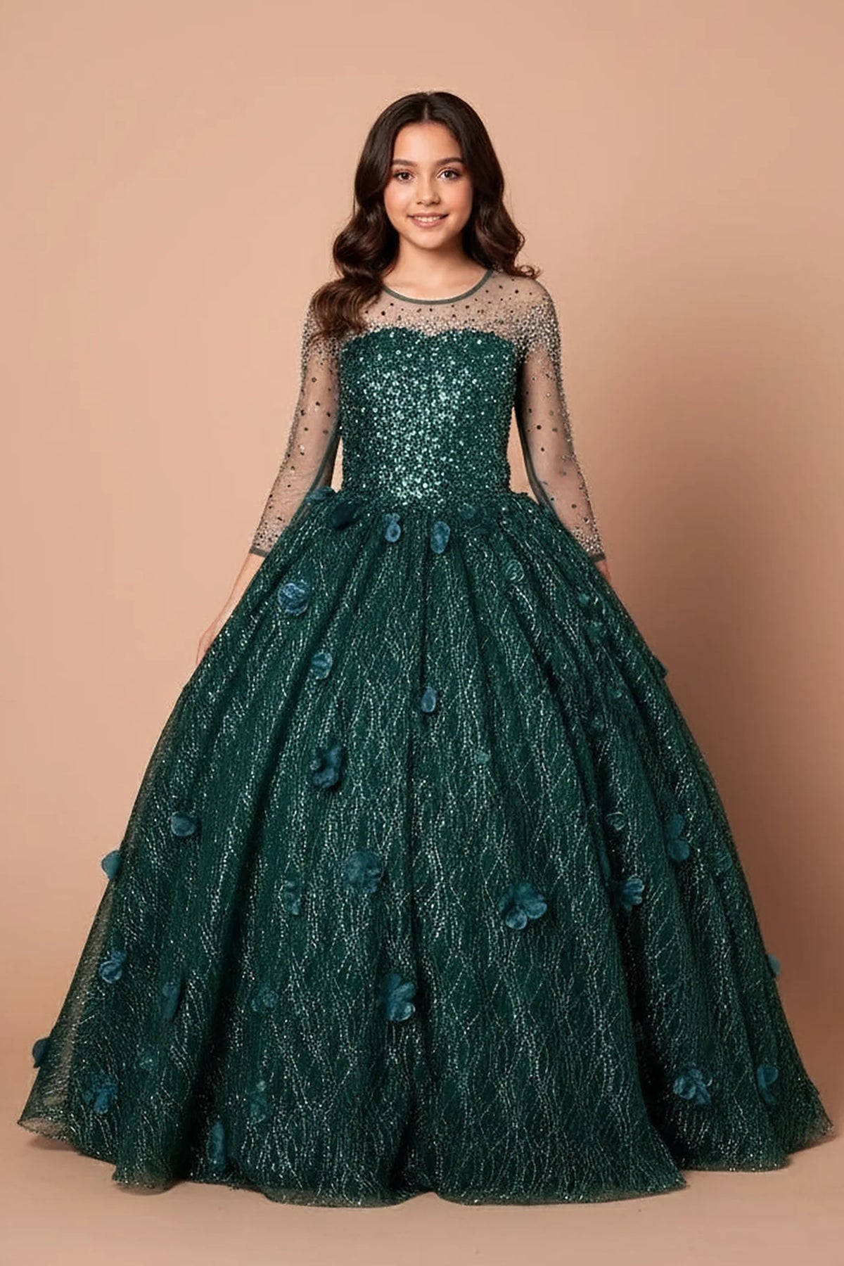 The formal silhouette presents, the Emerald Green mini quince dress showcases sheer long-sleeve bodice with three-dimensional flowers and embroidered tulle skirt with a lace-up back.