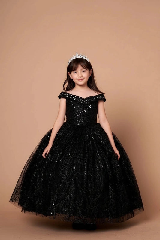 At the bodice and skirt, the Black mini quince dress showcases off-the-shoulder bodice with allover sequins and glitter and matching cape over a full sparkling skirt.