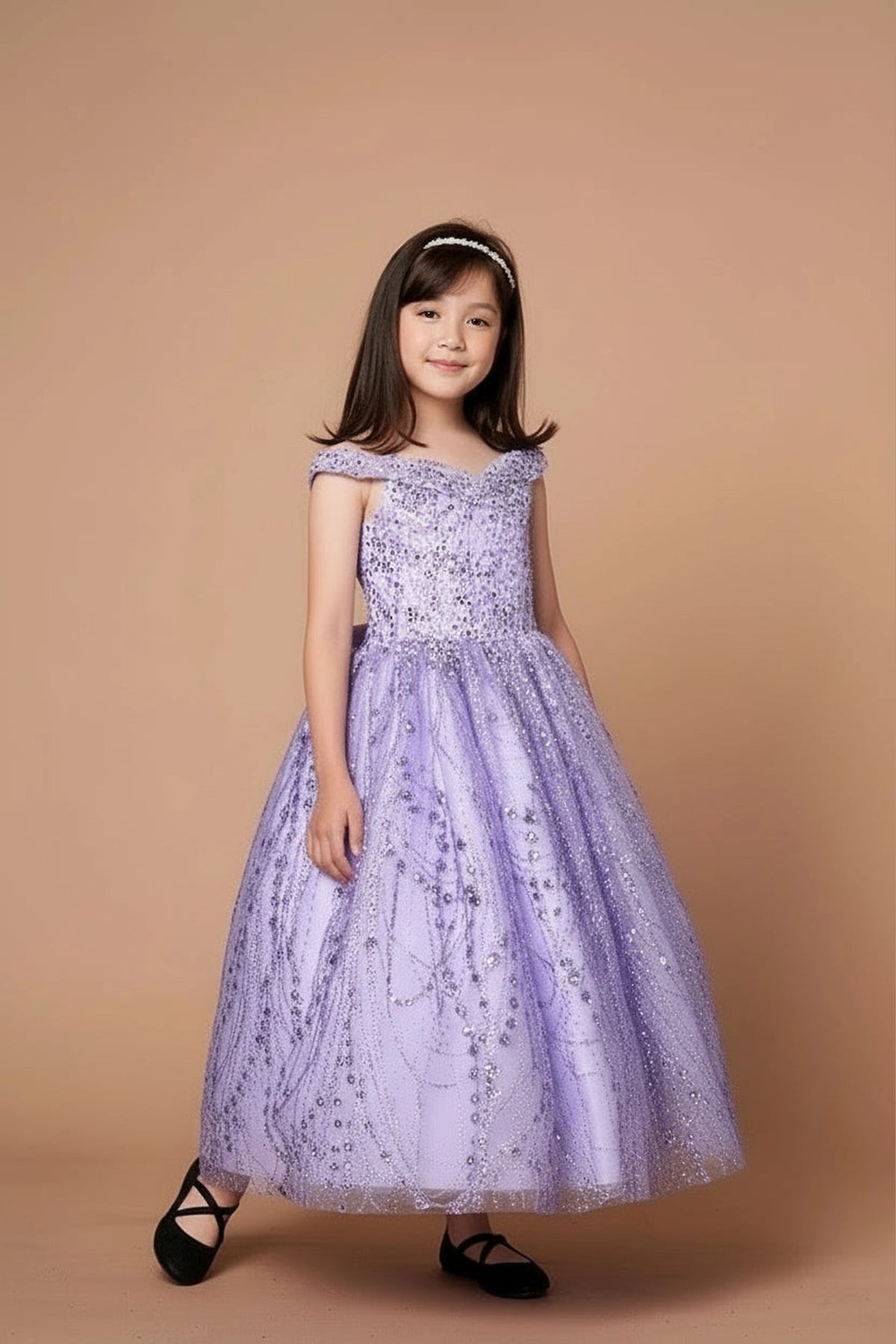 The additional image shows matching cape over a full sparkling skirt on the Lilac mini quince dress.