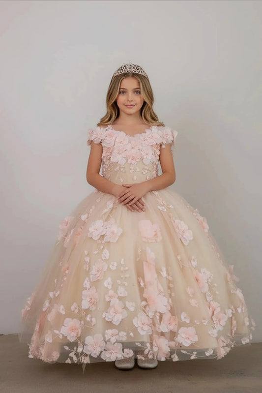 Delicate accents highlight, the Blush Pink mini quince dress showcases bold floral embroidery from bodice to hem and full tulle skirt with dimensional appliqué.