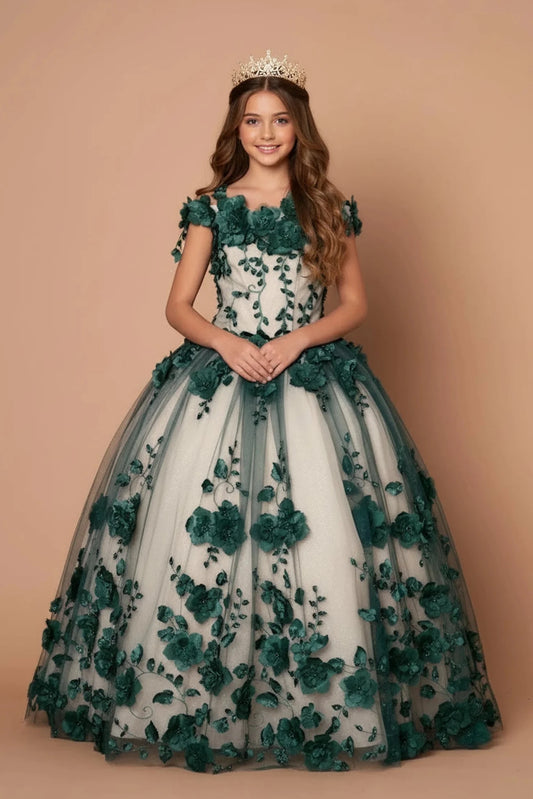 A closer look shows, the Emerald mini quince dress showcases bold floral embroidery from bodice to hem and full tulle skirt with dimensional appliqué.