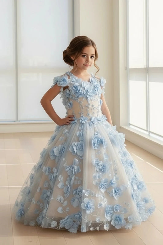 The formal silhouette presents, the Light Blue mini quince dress showcases bold floral embroidery from bodice to hem and full tulle skirt with dimensional appliqué.