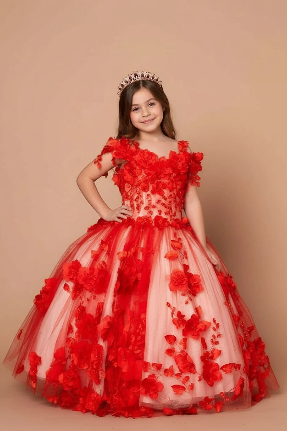 Across the silhouette, the Red mini quince dress showcases bold floral embroidery from bodice to hem and full tulle skirt with dimensional appliqué.