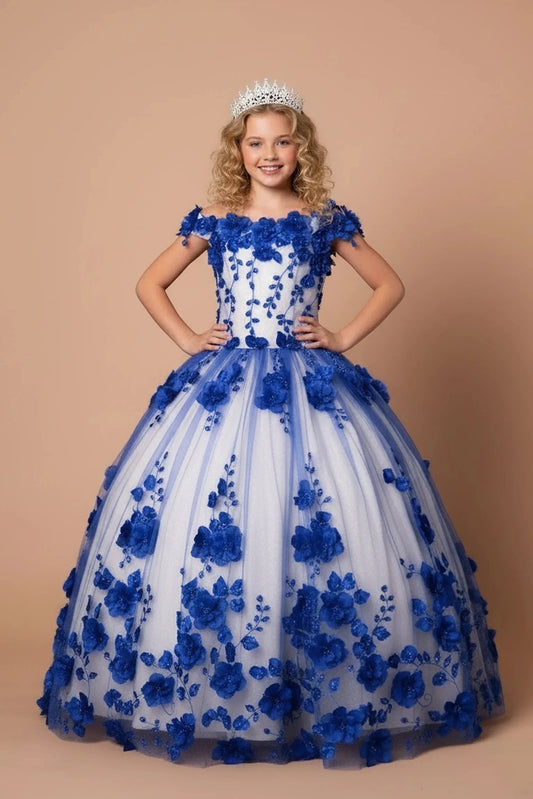 From the neckline down, the Royal Blue mini quince dress showcases bold floral embroidery from bodice to hem and full tulle skirt with dimensional appliqué.