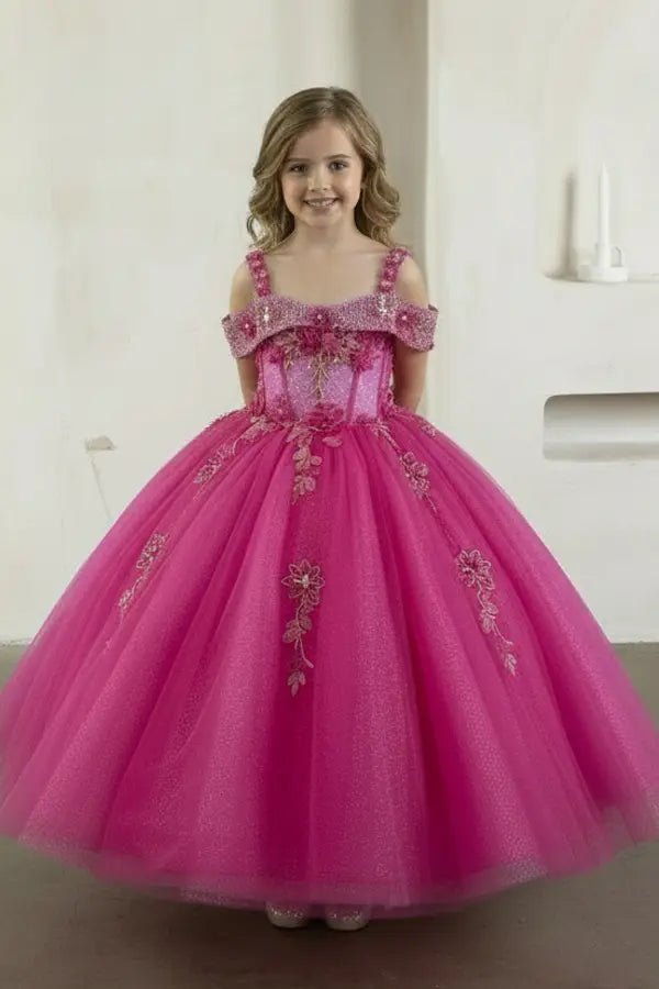 hot pink mini quince dress with ornate sheer bodice, matching cape, and layered skirt draped elegantly.
