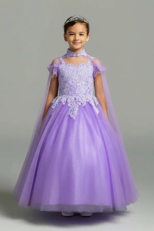 Front view of exquisite lilac mini quince dress with sequin bodice, matching cape, and voluminous full skirt.
