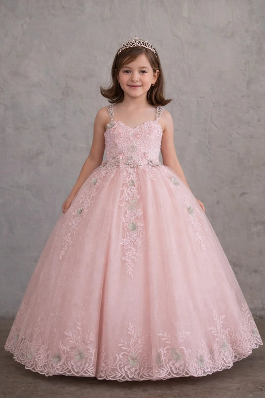 Across the silhouette, the Blush Pink mini quince dress showcases beaded fringe cap sleeves with three-dimensional flowers and full tulle skirt with embroidered lace trim.