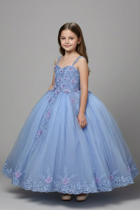 Rich texture defines, the Light Blue mini quince dress showcases beaded fringe cap sleeves with three-dimensional flowers and full tulle skirt with embroidered lace trim.