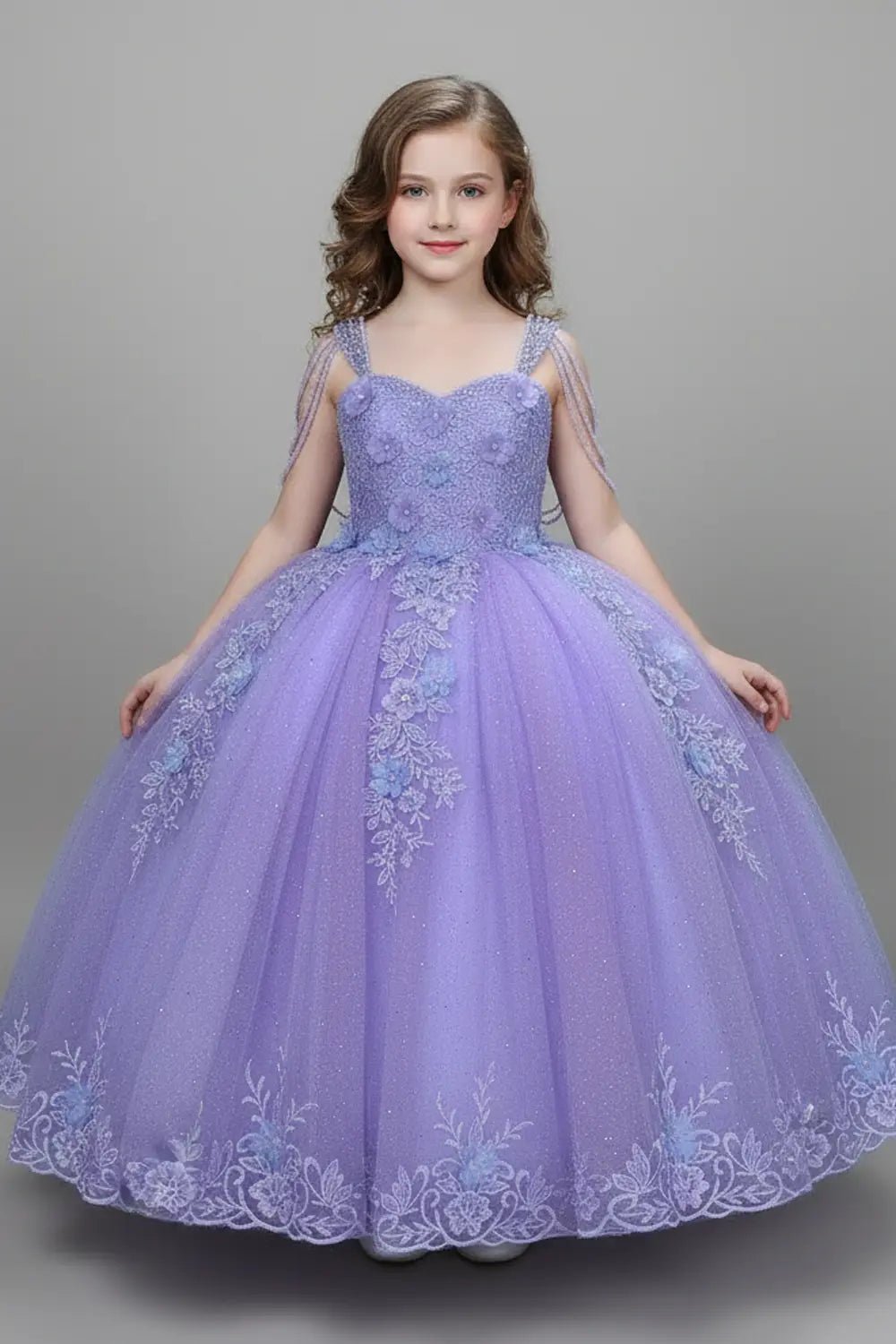 Front view of stunning lilac mini quince dress with beaded fringe bodice, 3D floral appliqués, and voluminous layered skirt.