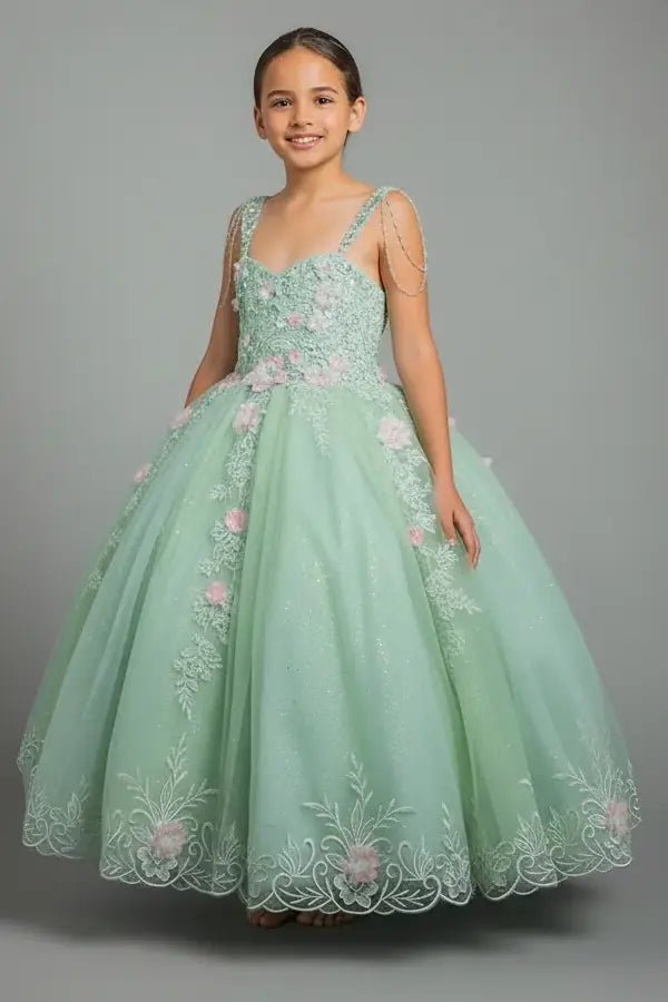 Front view of stunning sage mini quince dress with beaded fringe bodice, 3D floral appliqués, and voluminous layered skirt.