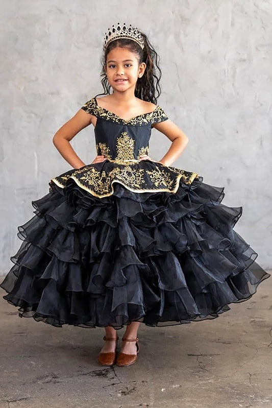 Black kids mini quinceañera mini quince dress with gold embroidery 3-Anos charra style ball gown.