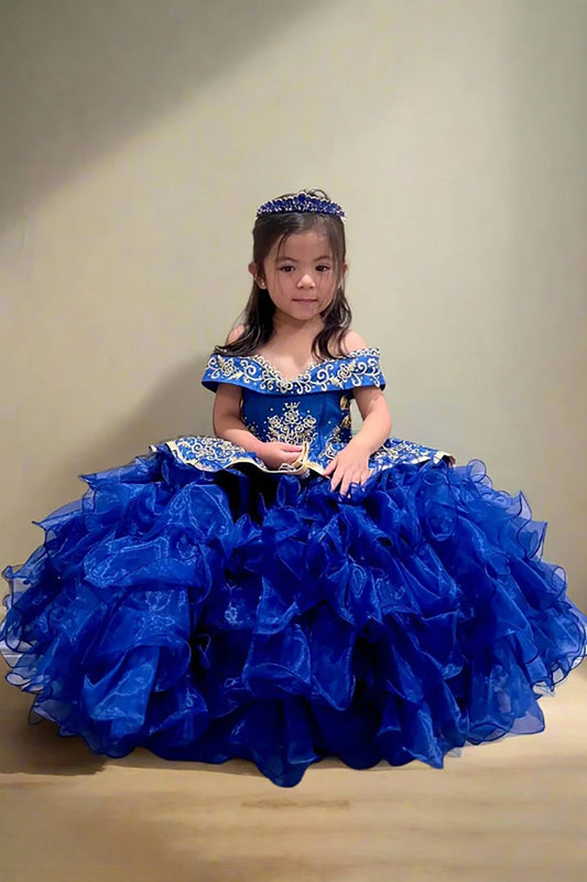 Blue kids mini quinceañera mini quince dress with gold embroidery ruffle 3-Anos charra style ball gown.