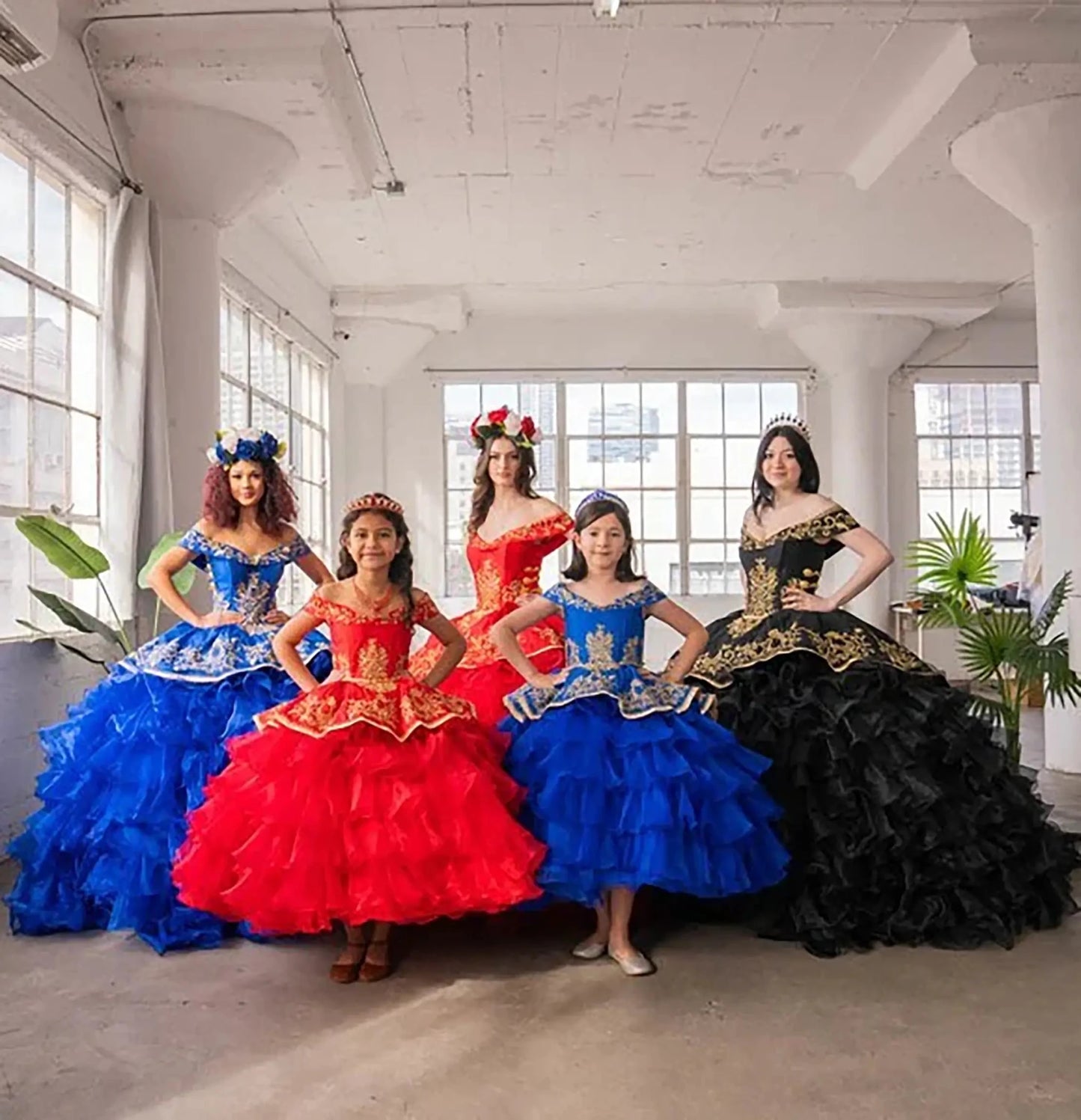 Front view of Blue Kids Dress with Gold Embroidery Ruffle 3-Anos Charra Dress, Mini Quince Dress.