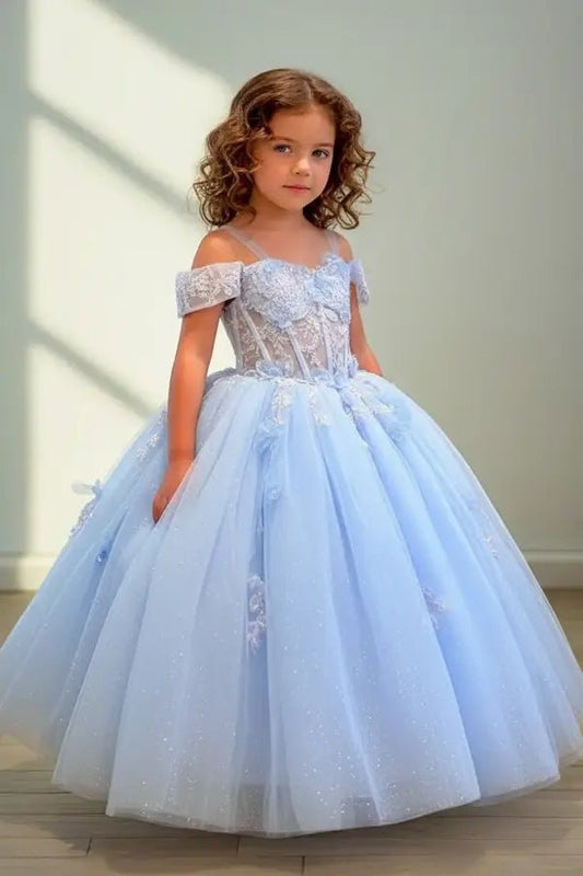 Front view of stunning light blue mini quince dress with 3D butterfly bodice and voluminous layered skirt.