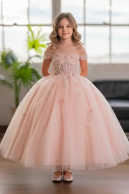 Front view of stunning blush pink mini quince dress with 3D butterfly bodice and voluminous layered skirt.
