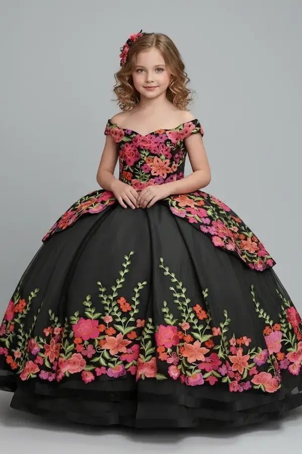 Front view of elegant champagne mini quince dress with embroidered layered bodice and voluminous full skirt.