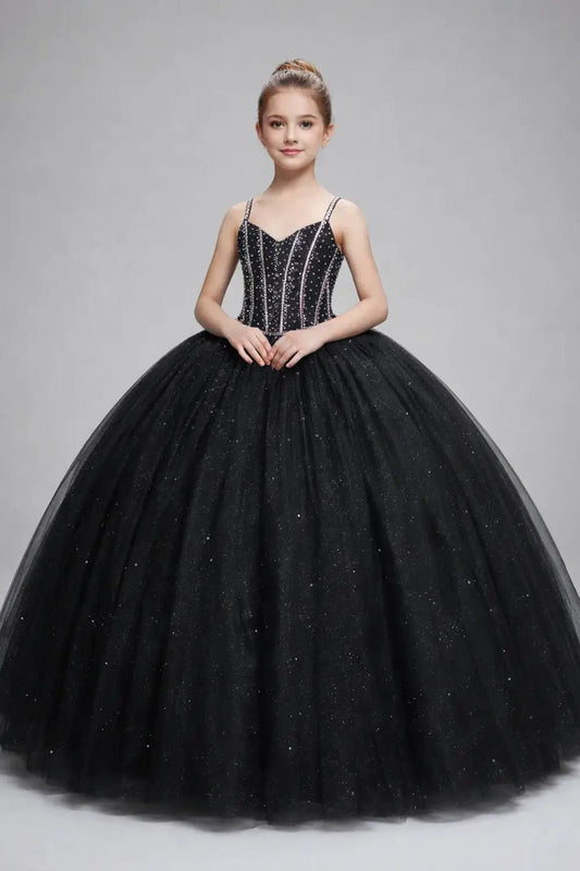Front view of stunning black mini quince dress with 3D floral appliqué bodice, glitter tulle accents, and voluminous layered skirt.