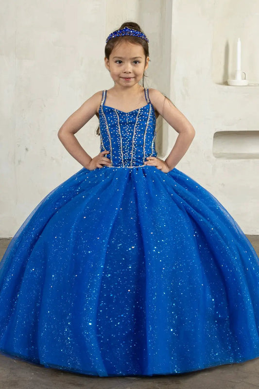 Front view of stunning royal blue mini quince dress with 3D floral appliqué bodice and glitter tulle layered skirt.