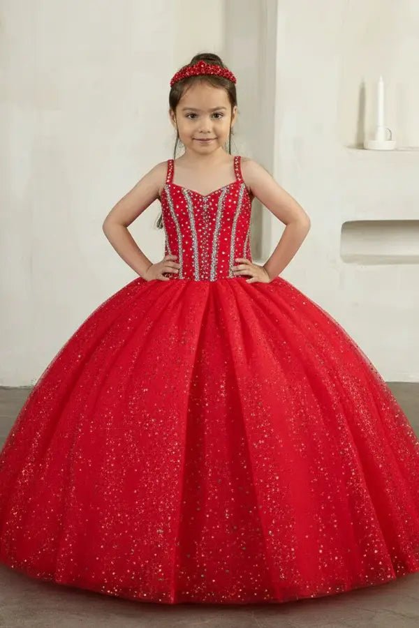 Front view of stunning red mini quince dress with 3D floral appliqué bodice and glitter tulle layered skirt.