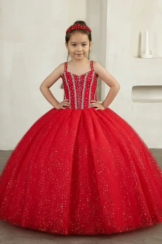Front view of stunning red mini quince dress with 3D floral appliqué bodice and glitter tulle layered skirt.