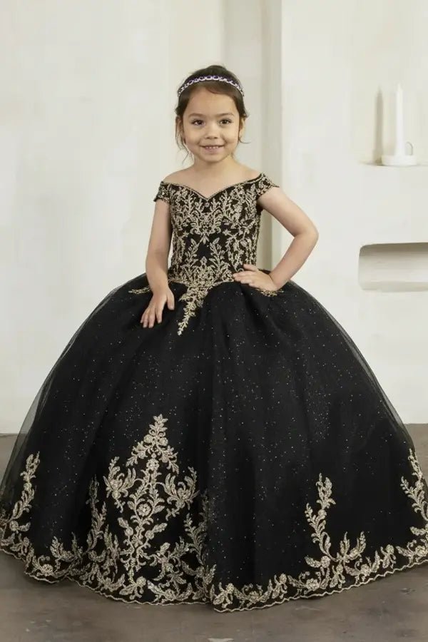 Front view of elegant black mini quince dress with lace appliqué bodice and glitter tulle layered skirt.
