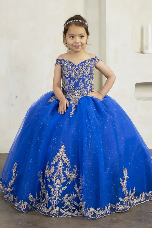 Front view of elegant royal blue mini quince dress with lace appliqué bodice and glitter tulle layered skirt.