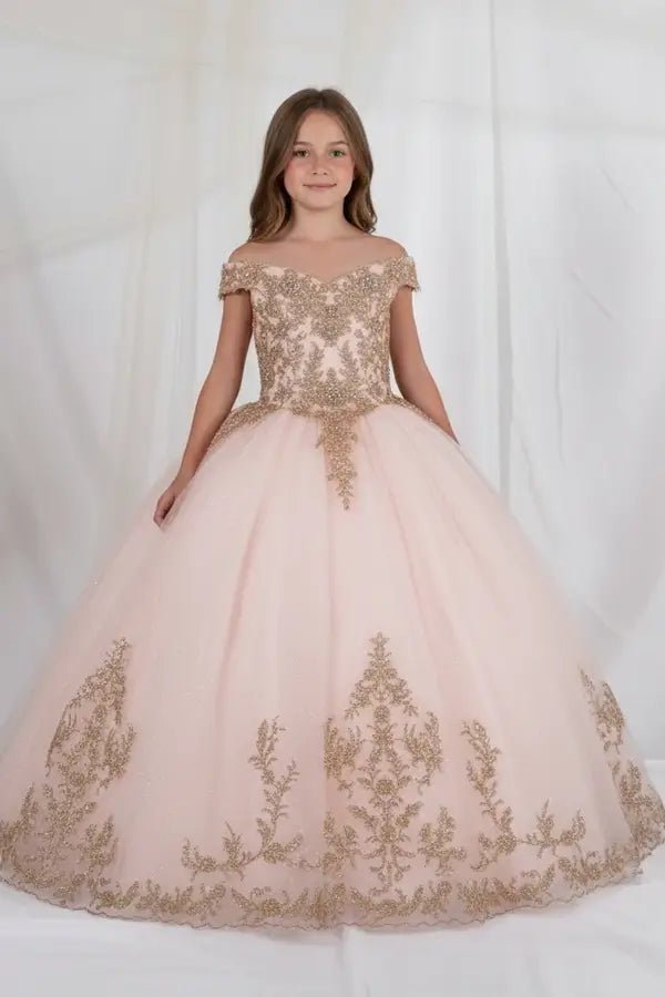 Front view of elegant blush mini quince dress with lace appliqué bodice and glitter tulle layered skirt.