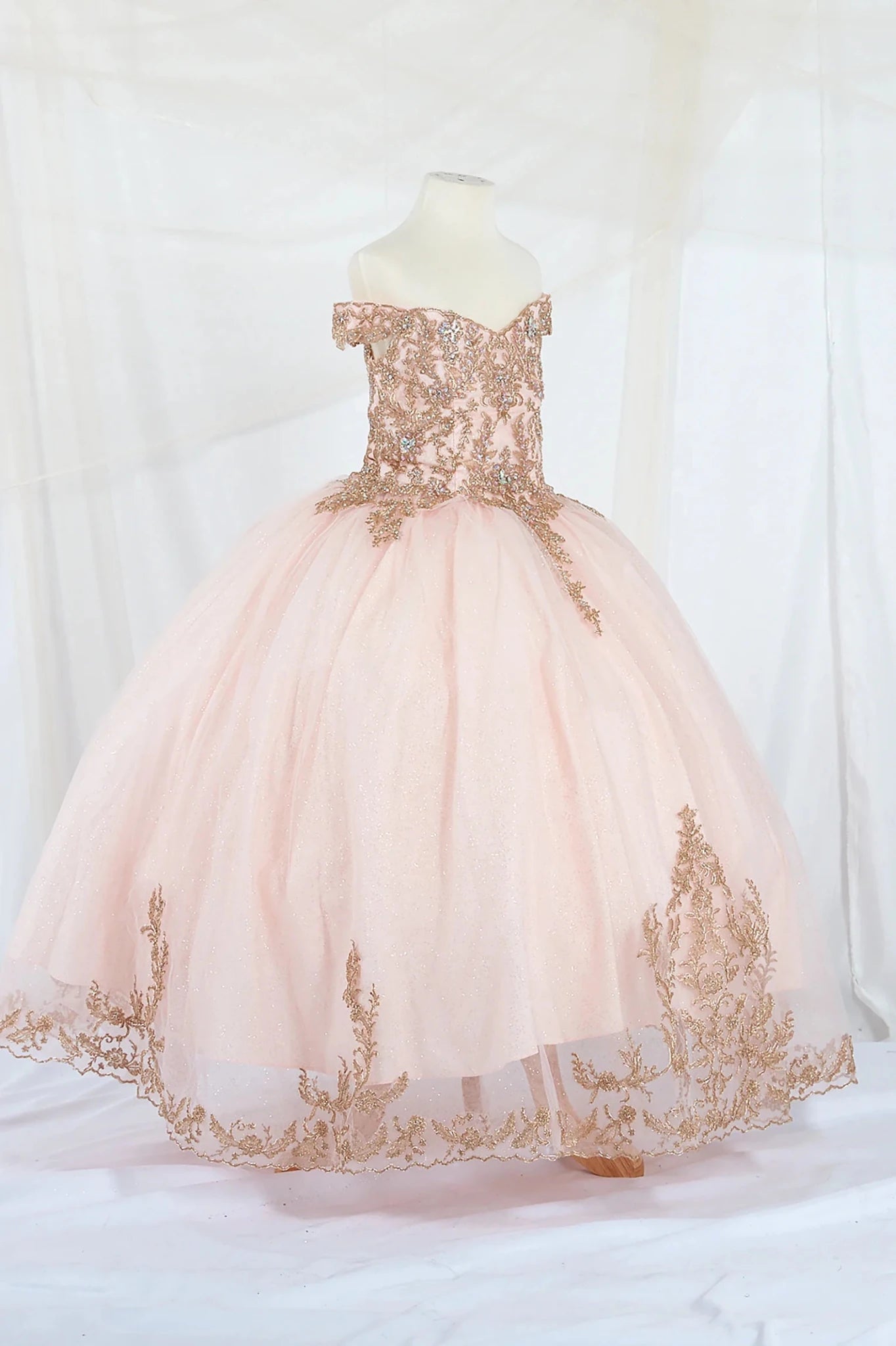 Front view of Blush Kids Dress with Gold Embroidery and A-Line Glitter Tulle, Mini Quince Dress.