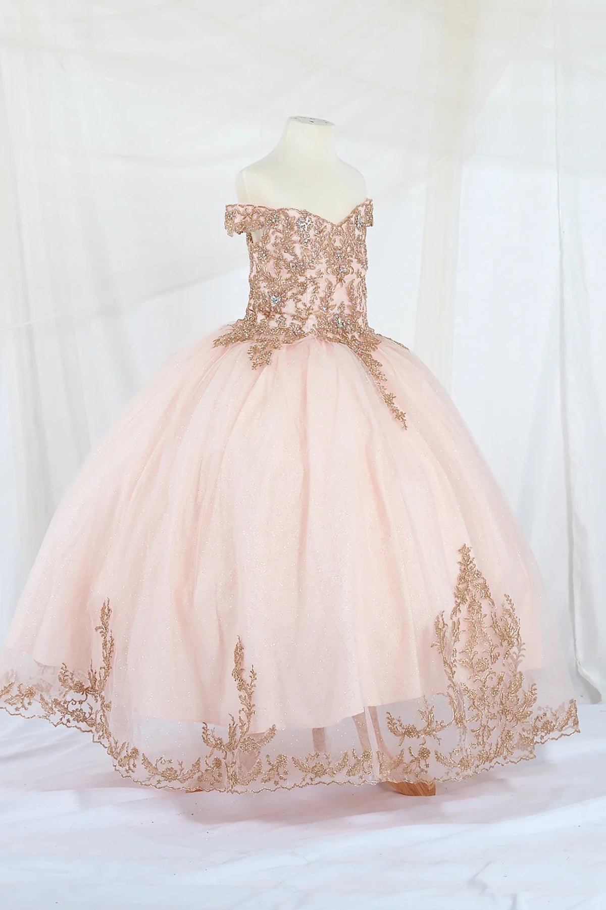 Front view of Blush Kids Dress with Gold Embroidery and A-Line Glitter Tulle, Mini Quince Dress.