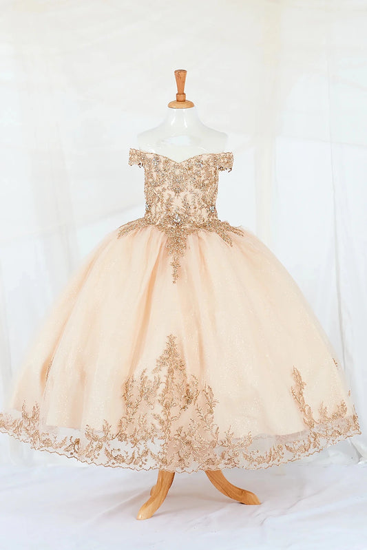 Champagne kids mini quinceañera mini quince dress with lace appliqué and A-line glitter tulle skirt.