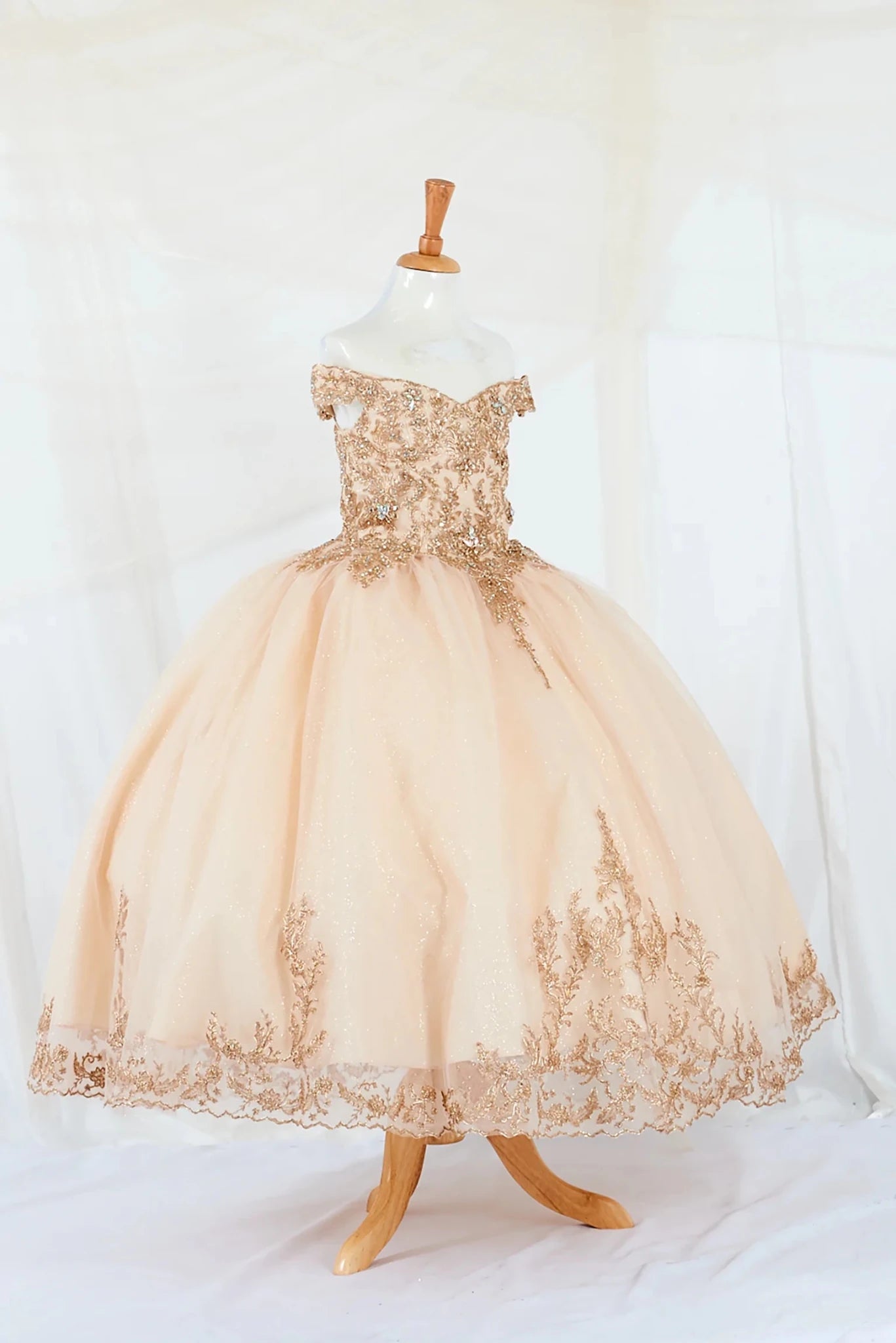 Front view of Champagne Kids Dress with Gold Embroidery and A-Line Glitter Tulle, Mini Quince Dress.