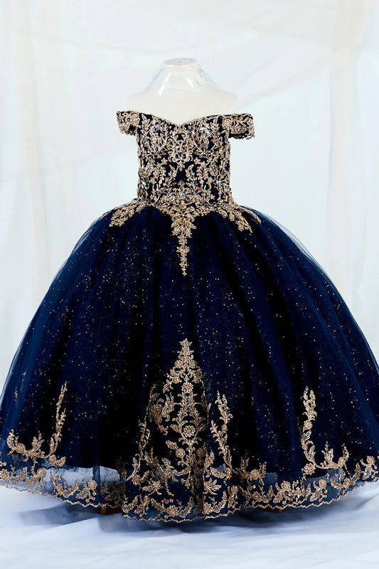 Navy kids mini quinceañera mini quince dress with lace appliqué and A-line glitter tulle skirt.