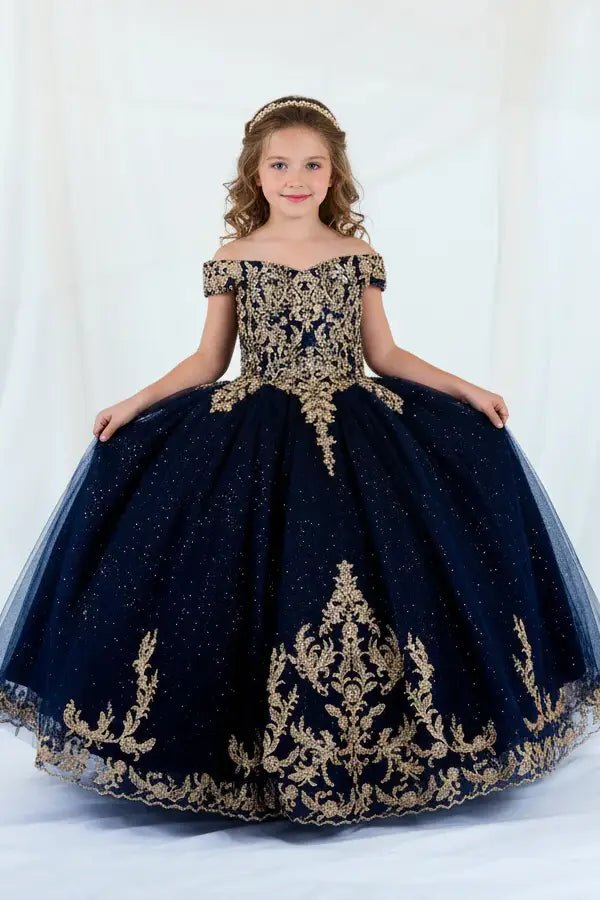 Front view of elegant navy mini quince dress with lace appliqué bodice and glitter tulle layered skirt.