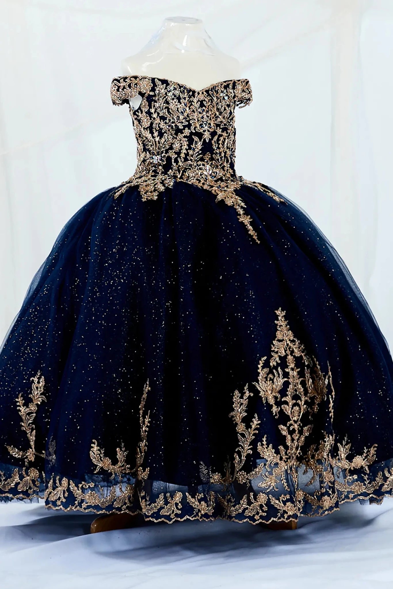 Front view of Navy Kids Dress with Gold Embroidery and A-Line Glitter Tulle, Mini Quince Dress.