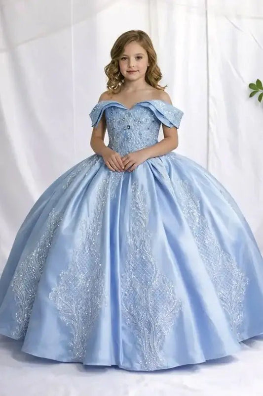 Front view of elegant light blue mini quince dress with lace appliqué bodice and glitter tulle layered skirt.