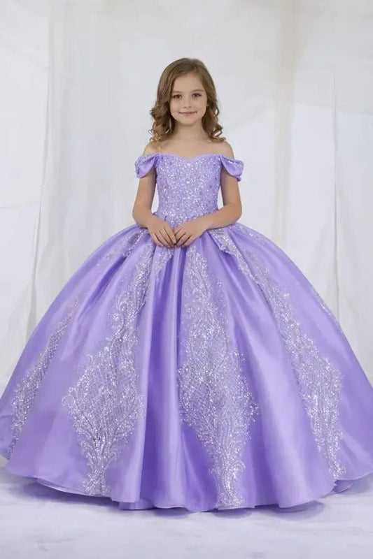 Front view of elegant lilac mini quince dress with lace appliqué bodice and glitter tulle layered skirt.