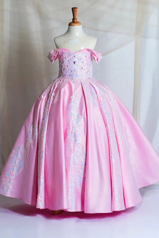 Pink satin kids mini quinceañera mini quince dress with A-line glitter tulle overlay skirt.
