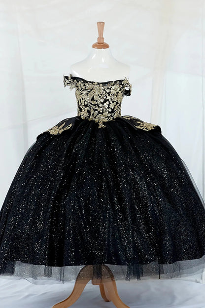 Black kids mini quinceañera mini quince dress with beaded embroidery and layered glitter skirt.