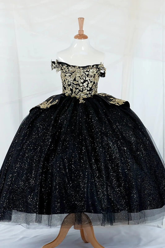 Black kids mini quinceañera mini quince dress with beaded embroidery and layered glitter skirt.
