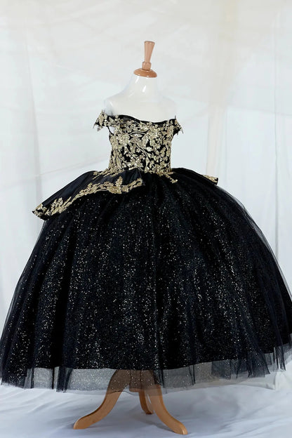 Front view of Black Kids Dress with Gold Embroidery, Beaded and Layered Glitter Skirt, Mini Quince Dress.