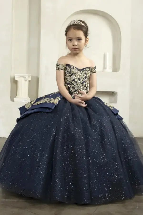 Front view of elegant navy mini quince dress with sparkling beaded bodice and voluminous layered skirt.