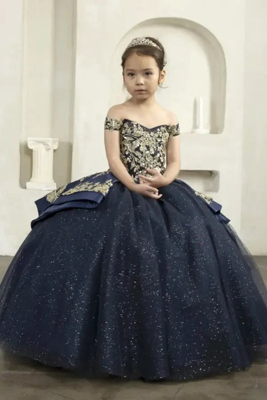 Front view of elegant navy mini quince dress with sparkling beaded bodice and voluminous layered skirt.