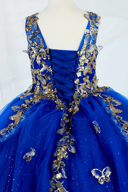 Back zoom ofstunning royal blue mini quince mini quince dress with 3D floral appliqué bodice and glitter tulle butterfly appliques.